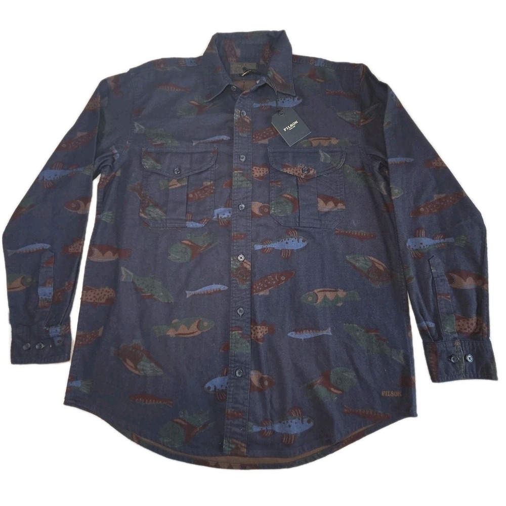 FILSON Alaskan Guide Flannel Shirt Mens Medium Blue Salmon Fish VTG NEW